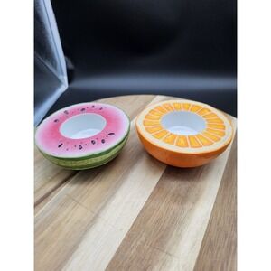 Vintage Pair Of Ceramic Partylite Fruit Votive Candle Holder Orange & Watermelon